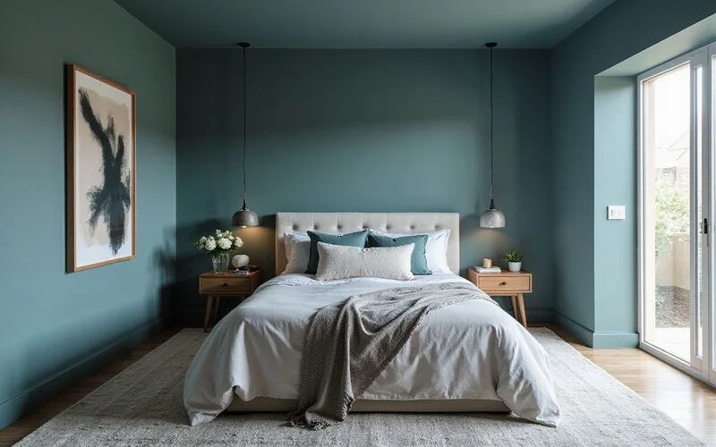 Bedroom in Phoenix home color drenched in muted moody teal blue across walls trim and ceiling showing 2026 immersive monochromatic painting trend