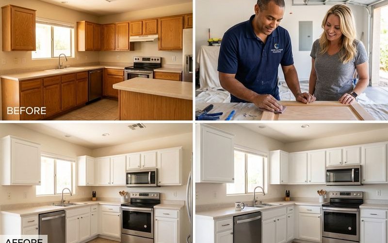 Before and after of kitchen cabinets painted from dated oak to modern white in Phoenix home