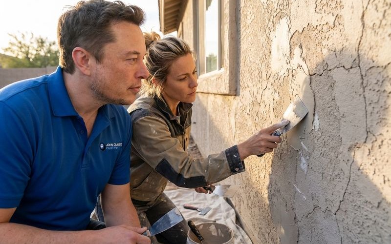Close-up of stucco repair on Phoenix home exterior before painting showing quality preparation work