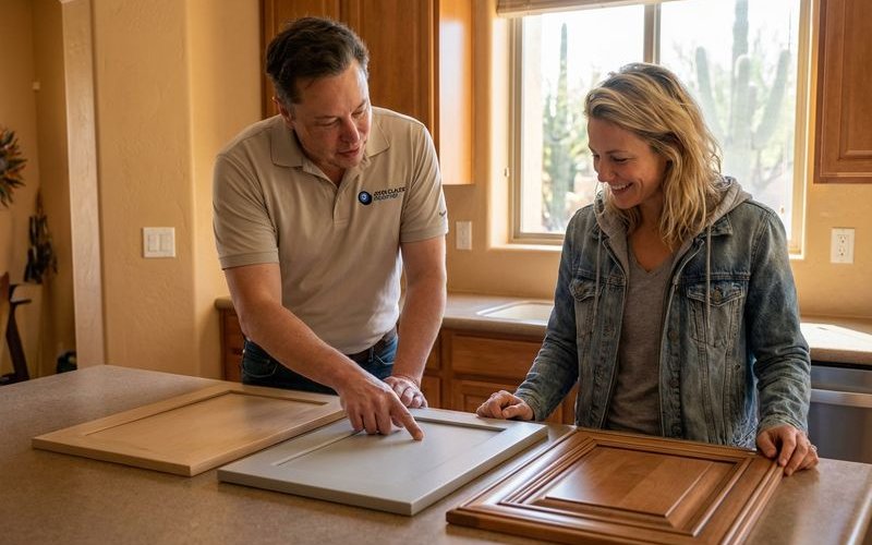 Close-up of various cabinet door styles showing flat shaker and raised panel designs
