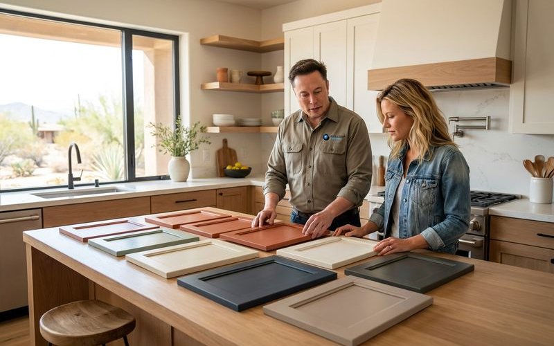 Color palette showing trending cabinet paint colors for 2026 with sample cabinet doors