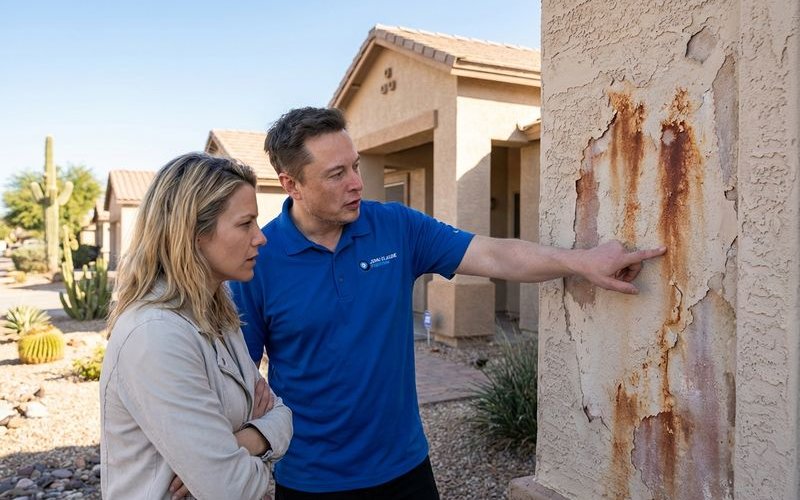 Exterior wall showing rust and water stains that need addressing before painting Phoenix home