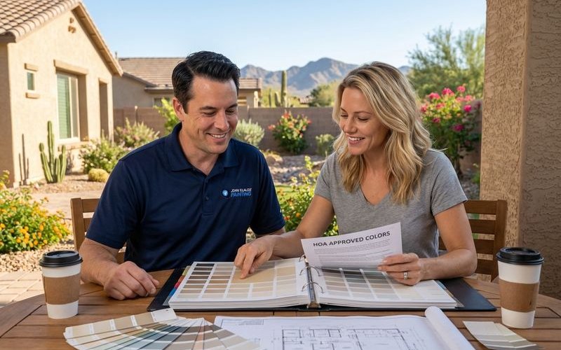 Homeowner reviewing HOA paint color palette samples with approved color selections