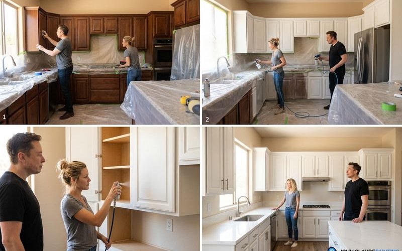 Kitchen cabinet painting process timeline showing different stages of work