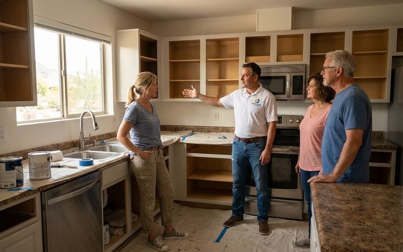 Kitchen in progress during cabinet painting showing doors removed but kitchen still functional