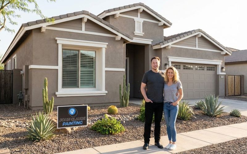 Modern Arizona home painted in sophisticated taupe with crisp white trim desert landscaping
