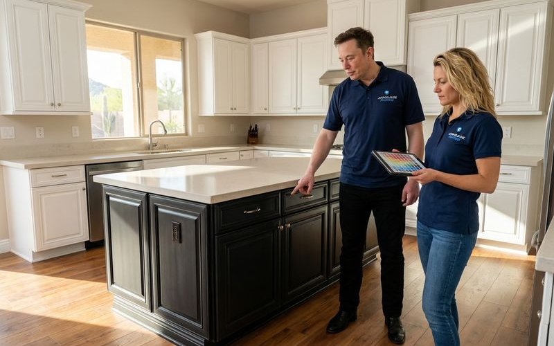 Modern kitchen with black painted island cabinets contrasting with white upper cabinets