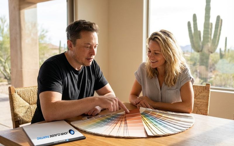 Paint color swatches fanned out on table with Phoenix home interior in background showing natural desert light