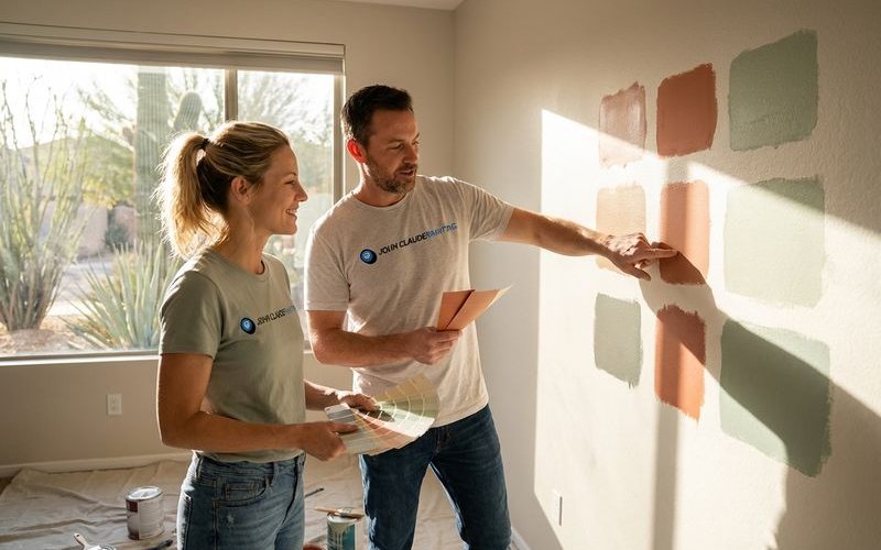 Paint samples on wall in Phoenix home showing different colors tested in natural Arizona light