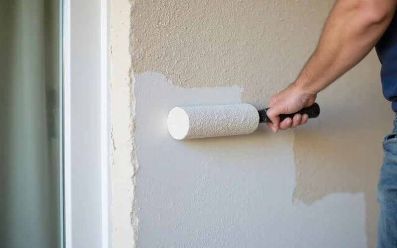 Painter rolling masonry primer onto a patched stucco section of an Arizona home exterior