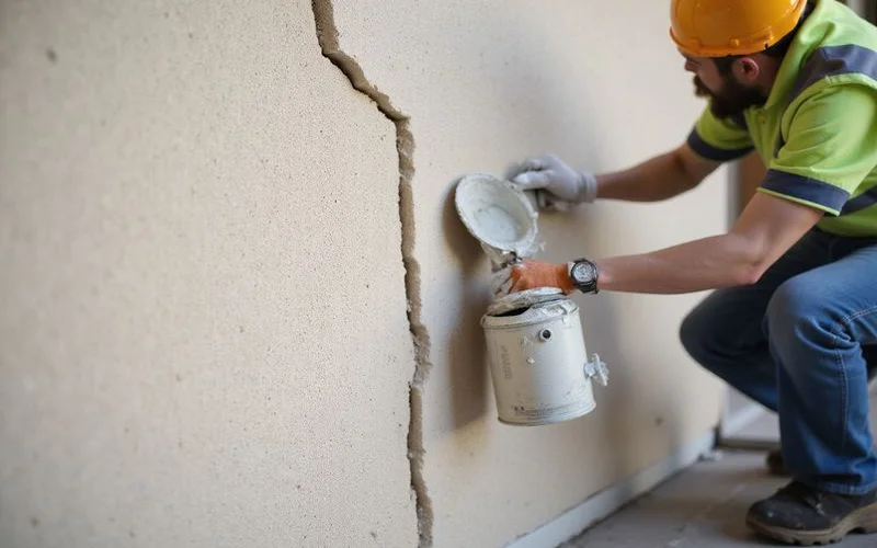Painting crew applying elastomeric patching compound to a wide stucco crack on a Phoenix home wall during prep work