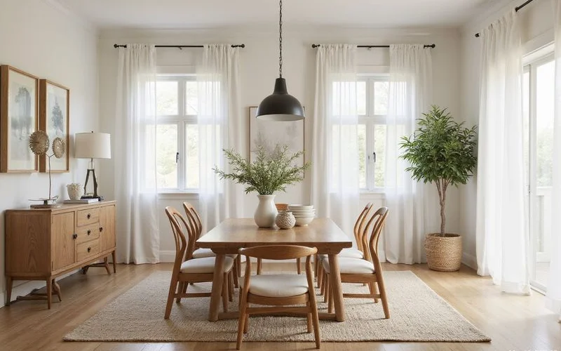 Phoenix dining room painted in soft warm white off white shade with natural wood furniture showing 2026 trend toward creamy whites over cool whites