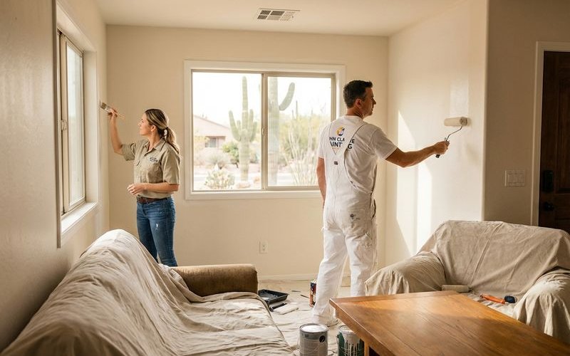 Professional painter working on interior walls in Phoenix home with drop cloths protecting furniture and floors