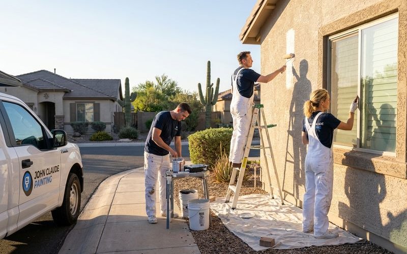Professional painters working on Phoenix home exterior in early morning before desert heat