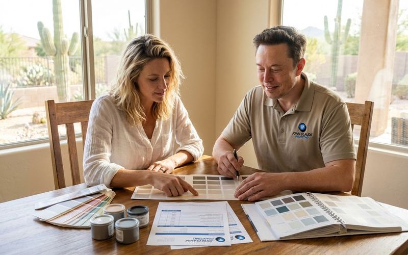 Professional painting estimate and color samples laid out on table with Phoenix homeowner reviewing options