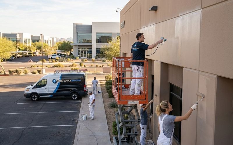 Professional painting team working on commercial building exterior in Phoenix business district
