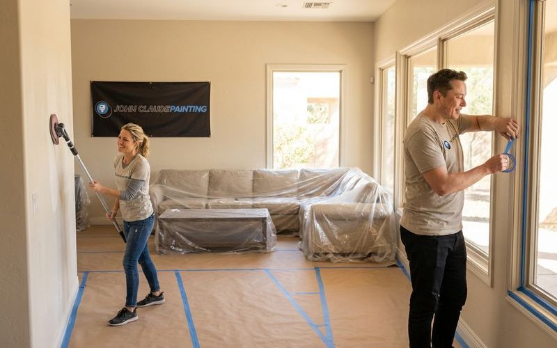Professional preparation setup with covered floors protected furniture and properly prepped walls