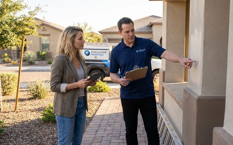 Property manager conducting exterior paint inspection of Phoenix HOA community homes