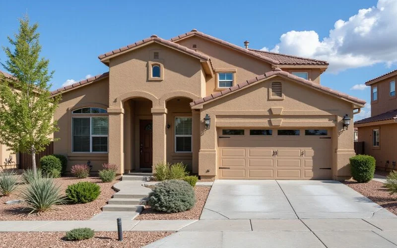 Restored Arizona stucco home exterior with smooth repaired walls and clean trim lines after professional prep and paint work was completed