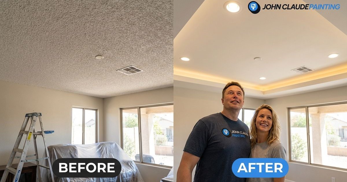 Before and after popcorn ceiling removal showing smooth modern ceiling in Phoenix home