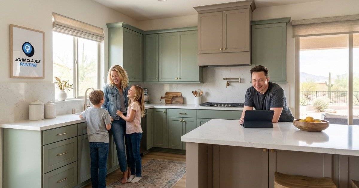 Modern kitchen with beautiful painted cabinets in trending colors in Phoenix home