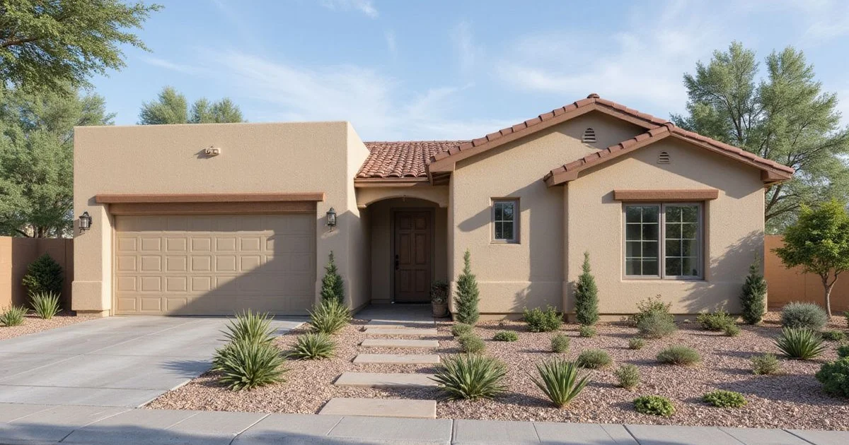 Phoenix home exterior with fresh paint on textured stucco walls under bright desert sun