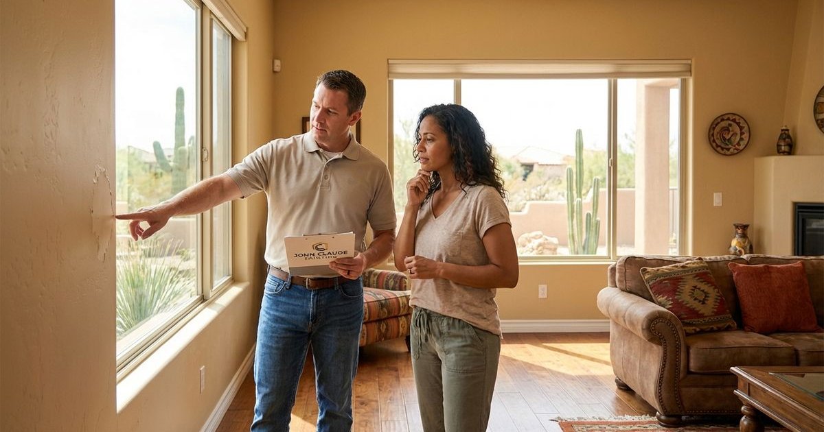 Phoenix homeowner inspecting interior walls for paint wear in living room