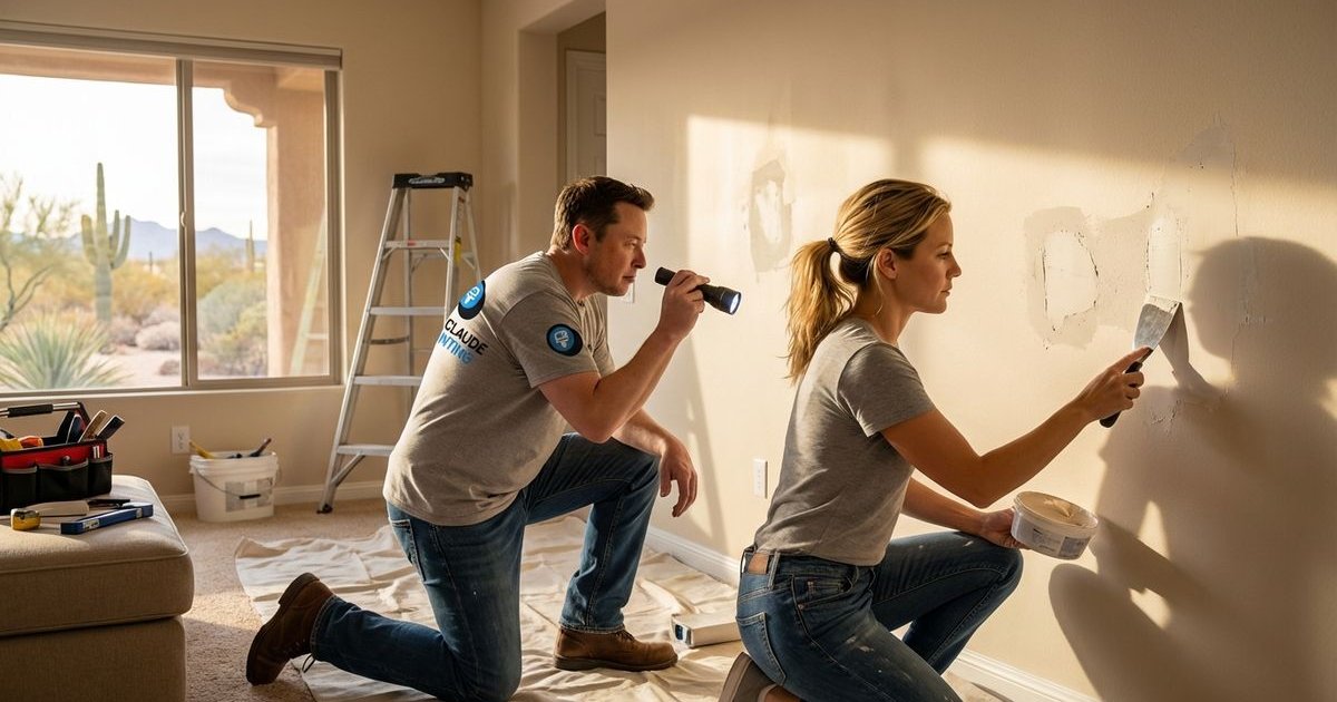 Professional inspecting and repairing drywall damage before interior painting in Phoenix home