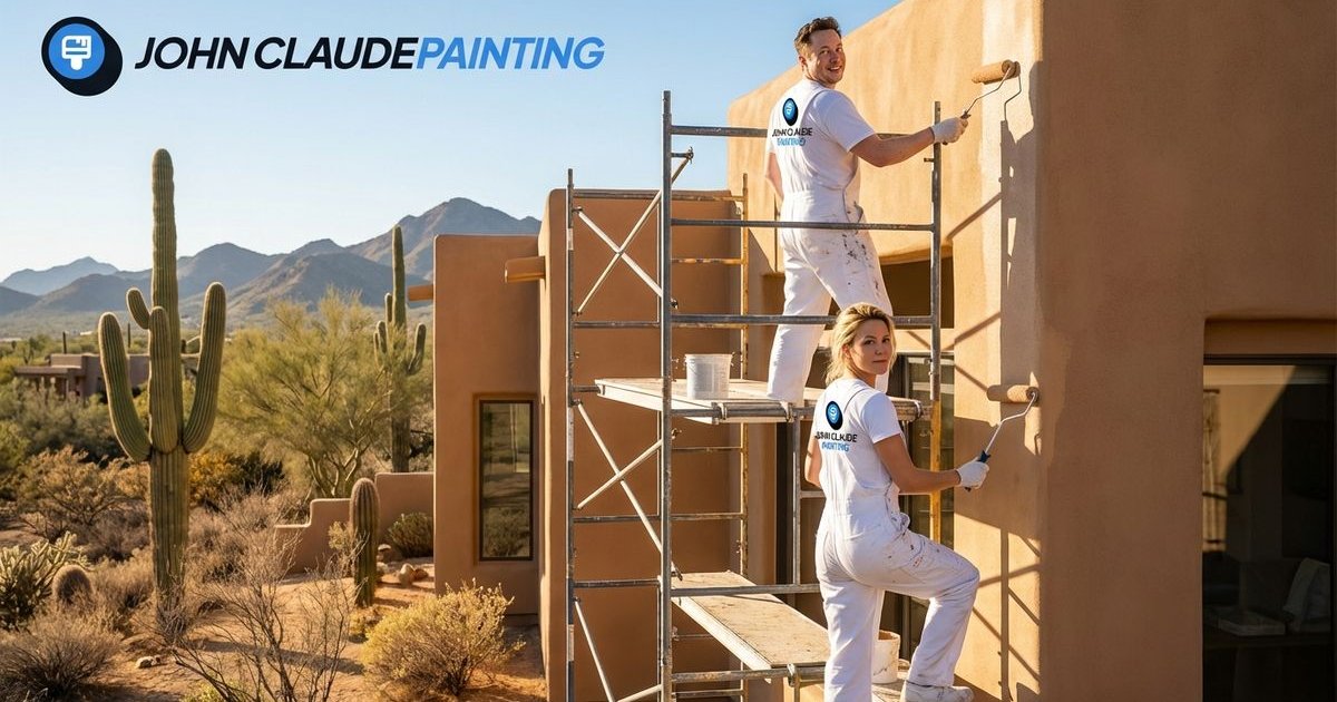 Professional painters on scaffolding painting exterior of Phoenix stucco home with desert landscape