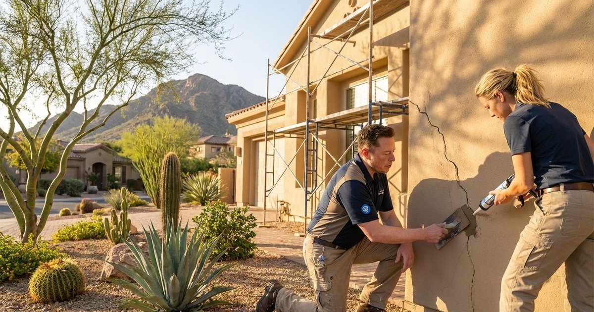 Professional repairing stucco cracks on Phoenix home exterior before painting