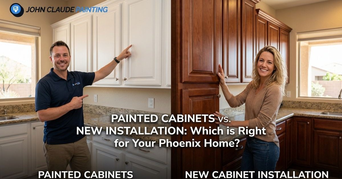 Side by side comparison of painted cabinets versus new cabinet installation in Phoenix kitchen