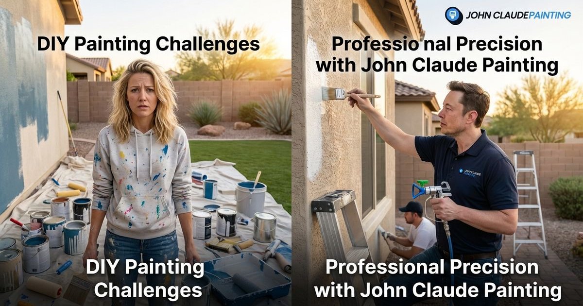 Split image comparing DIY painting supplies versus professional painter working on Phoenix home