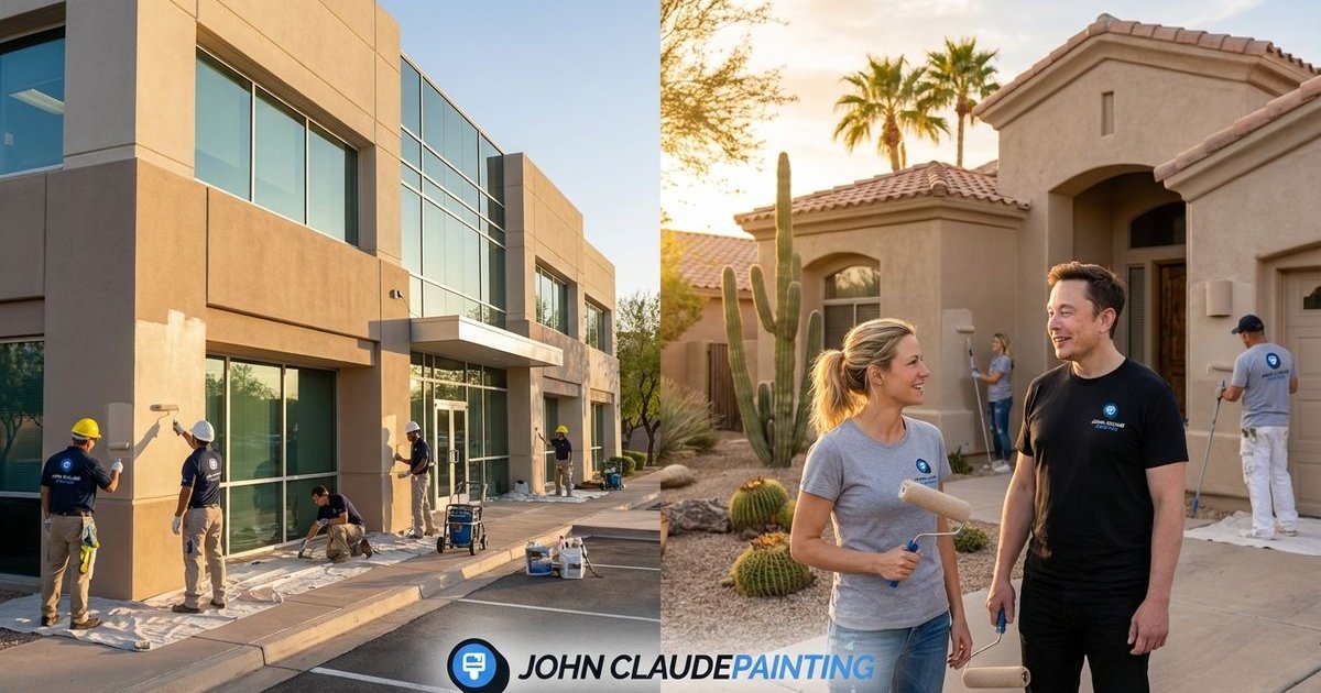 Split view of commercial office building versus residential home painting projects comparison