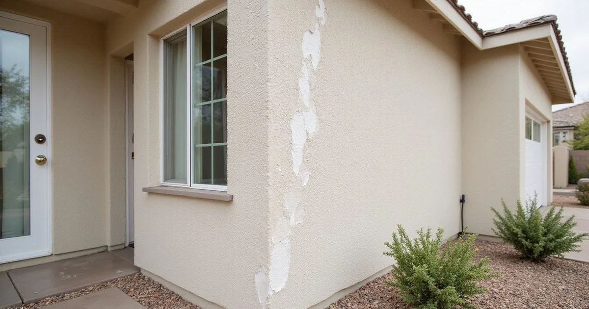 Sun-faded stucco home in Ahwatukee Phoenix showing peeling paint and visible cracks before repair